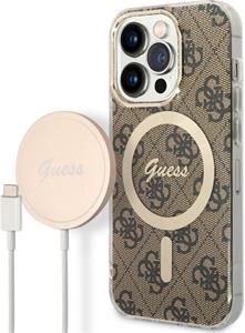 Guess 4G MagSafe kryt + bezdrôtová nabíjačka pre iPhone 14 Pro, hnedý