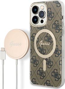 Guess 4G MagSafe kryt + bezdrôtová nabíjačka pre iPhone 14 Pro Max, hnedý