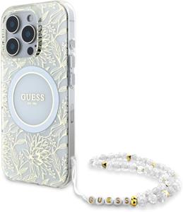 Guess IML Flowers Allover Strap MagSafe kryt pre iPhone 16 Pro Max, biely