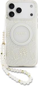Guess IML Flowers Allover Strap MagSafe kryt pre iPhone 17 Pro Max, biely