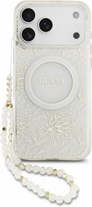Guess IML Flowers Allover Strap MagSafe kryt pre iPhone 18 Pro Max, biely