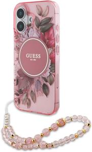 Guess IML Flowers Strap MagSafe kryt pre iPhone 16 Plus, ružový