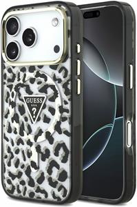 Guess IML Glitter Leopard Triangle Logo MagSafe kryt pre iPhone 18 Pro, čierny