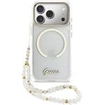 Guess IML Glitter Script Strap MagSafe kryt pre iPhone 17 Pro, transparentný