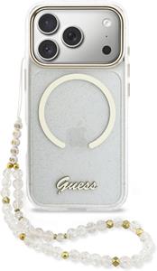 Guess IML Glitter Script Strap MagSafe kryt pre iPhone 17 Pro, transparentný