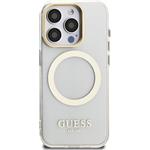 Guess IML Gold Outline Stand Camera Frame MagSafe kryt pre iPhone 15 Pro Max, transparentný