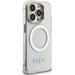 Guess IML Gold Outline Stand Camera Frame MagSafe kryt pre iPhone 15 Pro Max, transparentný