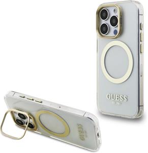 Guess IML Gold Outline Stand Camera Frame MagSafe kryt pre iPhone 15 Pro Max, transparentný