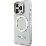 Guess IML Gold Outline Stand Camera Frame MagSafe kryt pre iPhone 15 Pro, transparentný