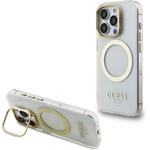 Guess IML Gold Outline Stand Camera Frame MagSafe kryt pre iPhone 15 Pro, transparentný