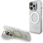Guess IML Gold Outline Stand Camera Frame MagSafe kryt pre iPhone 16 Pro Max, transparentný