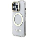 Guess IML Gold Outline Stand Camera Frame MagSafe kryt pre iPhone 16 Pro, transparentný