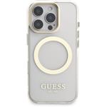 Guess IML Gold Outline Stand Camera Frame MagSafe kryt pre iPhone 16 Pro, transparentný