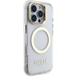Guess IML Gold Outline Stand Camera Frame MagSafe kryt pre iPhone 16 Pro, transparentný