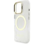 Guess IML Gold Outline Stand Camera Frame MagSafe kryt pre iPhone 16 Pro, transparentný