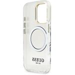 Guess IML Gold Outline Stand Camera Frame MagSafe kryt pre iPhone 16 Pro, transparentný