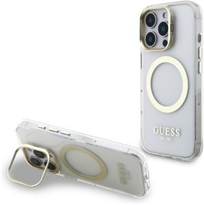 Guess IML Gold Outline Stand Camera Frame MagSafe kryt pre iPhone 16 Pro, transparentný
