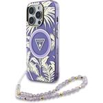 Guess IML Palm Trees Triangle Logo Pearl Strap MagSafe kryt pre iPhone 16 Pro, fialový