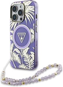 Guess IML Palm Trees Triangle Logo Pearl Strap MagSafe kryt pre iPhone 16 Pro, fialový
