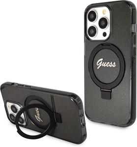 Guess IML Ring Stand Glitter MagSafe kryt pre iPhone 15 Pro, čierny