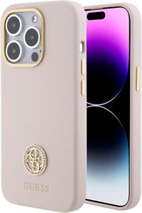 Guess Liquid Silicone 4G Strass Metal Logo kryt pre iPhone 15 Pro, ružový