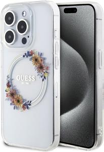 Guess PC/TPU Flowers Ring Glossy Logo MagSafe kryt pre iPhone 13 Pro, transparentný
