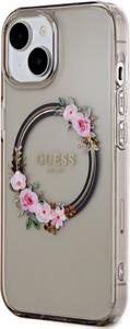 Guess PC/TPU Flowers Ring Glossy Logo MagSafe kryt pre iPhone 15, čierny