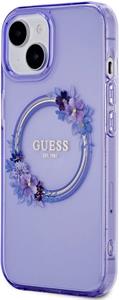 Guess PC/TPU Flowers Ring Glossy Logo MagSafe kryt pre iPhone 15, fialový