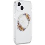 Guess PC/TPU Flowers Ring Glossy Logo MagSafe kryt pre iPhone 15 Plus, transparentný