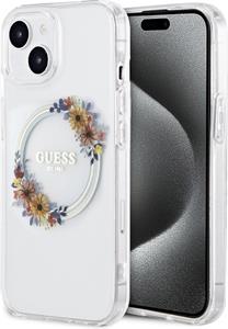 Guess PC/TPU Flowers Ring Glossy Logo MagSafe kryt pre iPhone 15 Plus, transparentný