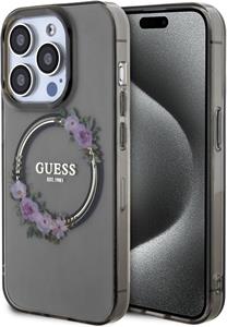 Guess PC/TPU Flowers Ring Glossy Logo MagSafe kryt pre iPhone 15 Pro, čierny