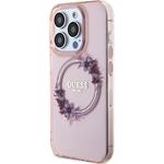 Guess PC/TPU Flowers Ring Glossy Logo MagSafe kryt pre iPhone 15 Pro Max, ružový