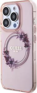 Guess PC/TPU Flowers Ring Glossy Logo MagSafe kryt pre iPhone 15 Pro, ružový