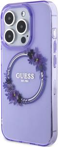 Guess PC/TPU Flowers Ring Glossy Logo MagSafe kryt pre iPhone 15 Prom, fialový