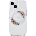 Guess PC/TPU Flowers Ring Glossy Logo MagSafe kryt pre iPhone 15, transparentný