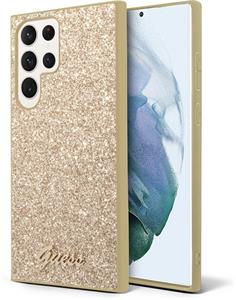 Guess PC/TPU Glitter Flakes Metal Logo kryt pre Samsung Galaxy S23 Ultra, zlatý