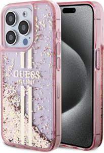 Guess PC/TPU Liquid Glitter Gold Stripe kryt pre iPhone 15 Pro, ružový