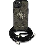 Guess PU 4G Metal Logo Crossbody Popruh kryt pre iPhone 15, hnedý