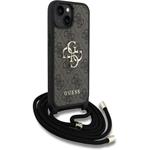 Guess PU 4G Metal Logo Crossbody Popruh kryt pre iPhone 15, hnedý
