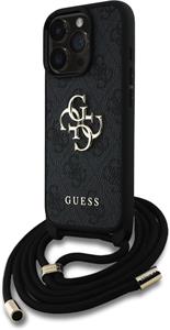 Guess PU 4G Metal Logo Crossbody Popruh kryt pre iPhone 15 Pro, čierny
