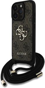 Guess PU 4G Metal Logo Crossbody Popruh kryt pre iPhone 15 Pro, hnedý