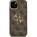 Guess PU 4G Metal Logo Stand Camera Frame kryt pre iPhone 13, hnedý