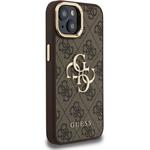 Guess PU 4G Metal Logo Stand Camera Frame kryt pre iPhone 13, hnedý