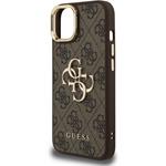 Guess PU 4G Metal Logo Stand Camera Frame kryt pre iPhone 13, hnedý