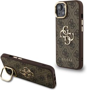 Guess PU 4G Metal Logo Stand Camera Frame kryt pre iPhone 14, hnedý