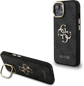 Guess PU 4G Metal Logo Stand Camera Frame kryt pre iPhone 15, čierny