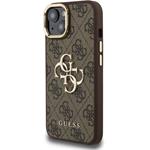 Guess PU 4G Metal Logo Stand Camera Frame kryt pre iPhone 15, hnedý