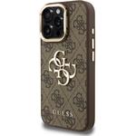 Guess PU 4G Metal Logo Stand Camera Frame kryt pre iPhone 15 Pro, hnedý