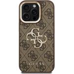 Guess PU 4G Metal Logo Stand Camera Frame kryt pre iPhone 15 Pro, hnedý