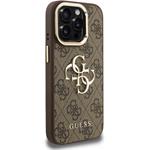Guess PU 4G Metal Logo Stand Camera Frame kryt pre iPhone 15 Pro Max, hnedý